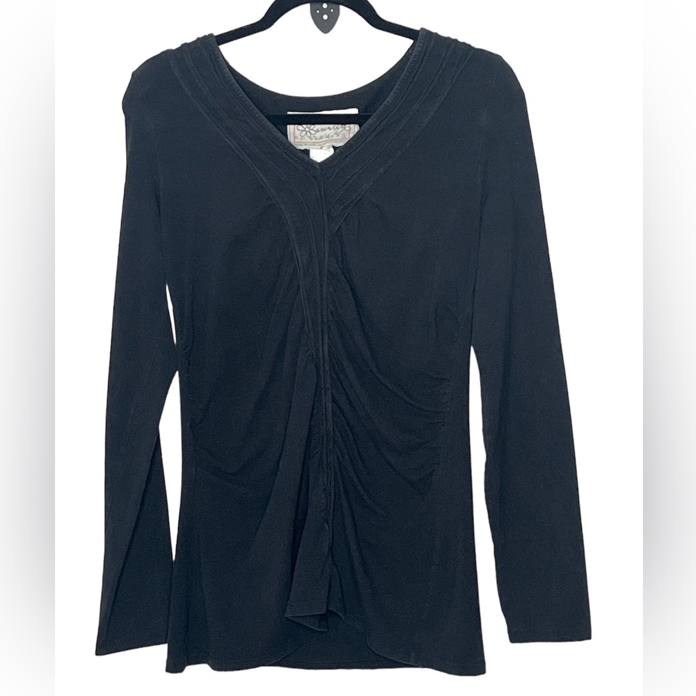 Aventura Black Long Sleeve V-Neck Ruched Front Top